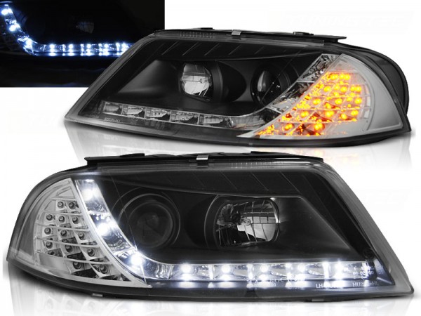 Scheinwerfer LED Tagfahrlicht Optik für VW Passat 3BG Bj. 00-05 Schwarz mit LED Blinker
