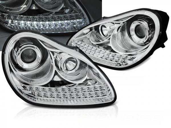 Xenon Scheinwerfer LED Tagfahrlicht Optik für Porsche Cayenne 955 Bj. 02-06 Chrom