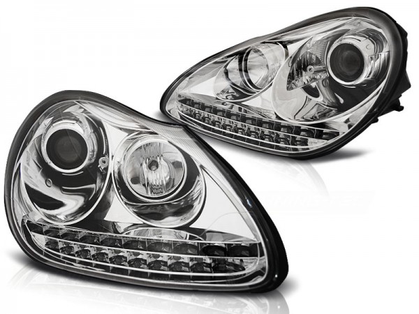 Xenon Scheinwerfer LED Tagfahrlicht Optik für Porsche Cayenne 955 Bj. 02-06 Chrom