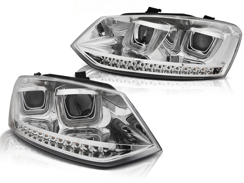 Scheinwerfer U-Tube Tagfahrlicht Optik für VW Polo 6R 6C Chrom mit dynamischem LED Blinker