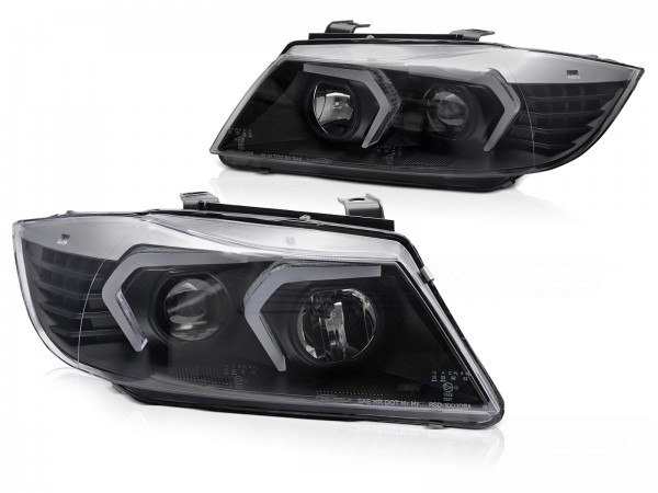 Scheinwerfer 3D Angel Eyes für BMW 3er E90 E91 Bj. 05-08 Schwarz mit LED Blinker
