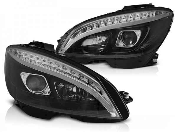 Scheinwerfer LED Tagfahrlicht Optik für Mercedes C-Klasse W204 Bj. 07-10 Schwarz LTI