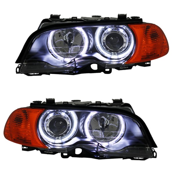 Scheinwerfer Angel Eyes für BMW E46 Coupe Cabrio Bj. 99-03 Schwarz + Blinker V2