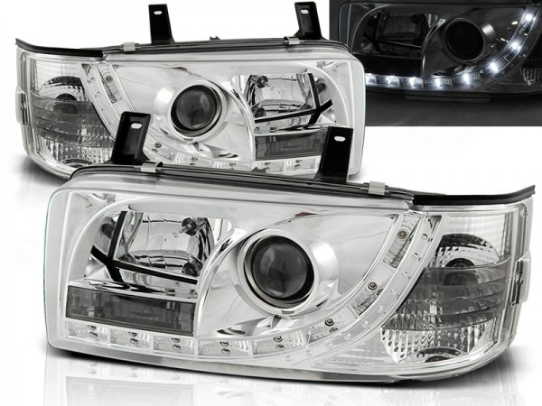 Scheinwerfer LED Tagfahrlicht Optik für VW T4 Bus Bj. 90-03 Chrom