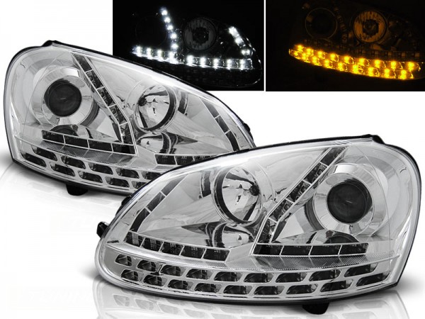 Scheinwerfer LED Tagfahrlicht Optik für VW Golf 5 Jetta 3 Bj. 03-10 Chrom mit LED Blinker