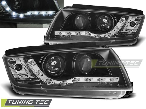 Scheinwerfer LED Tagfahrlicht Optik für Skoda Fabia 1 Bj. 99-08 Schwarz inkl. Stellmotor