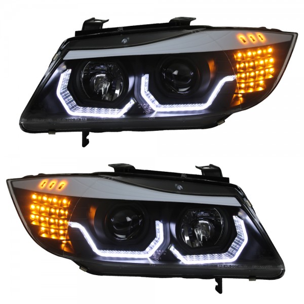 Scheinwerfer 3D Angel Eyes für BMW 3er E90 E91 Bj. 05-08 Schwarz mit LED Blinker