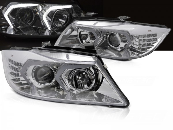 Scheinwerfer 3D Angel Eyes für BMW 3er E90 E91 Bj. 05-08 Chrom mit LED Blinker