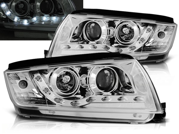 Scheinwerfer LED Tagfahrlicht Optik für Skoda Fabia 1 Bj. 99-08 Chrom inkl. Stellmotor